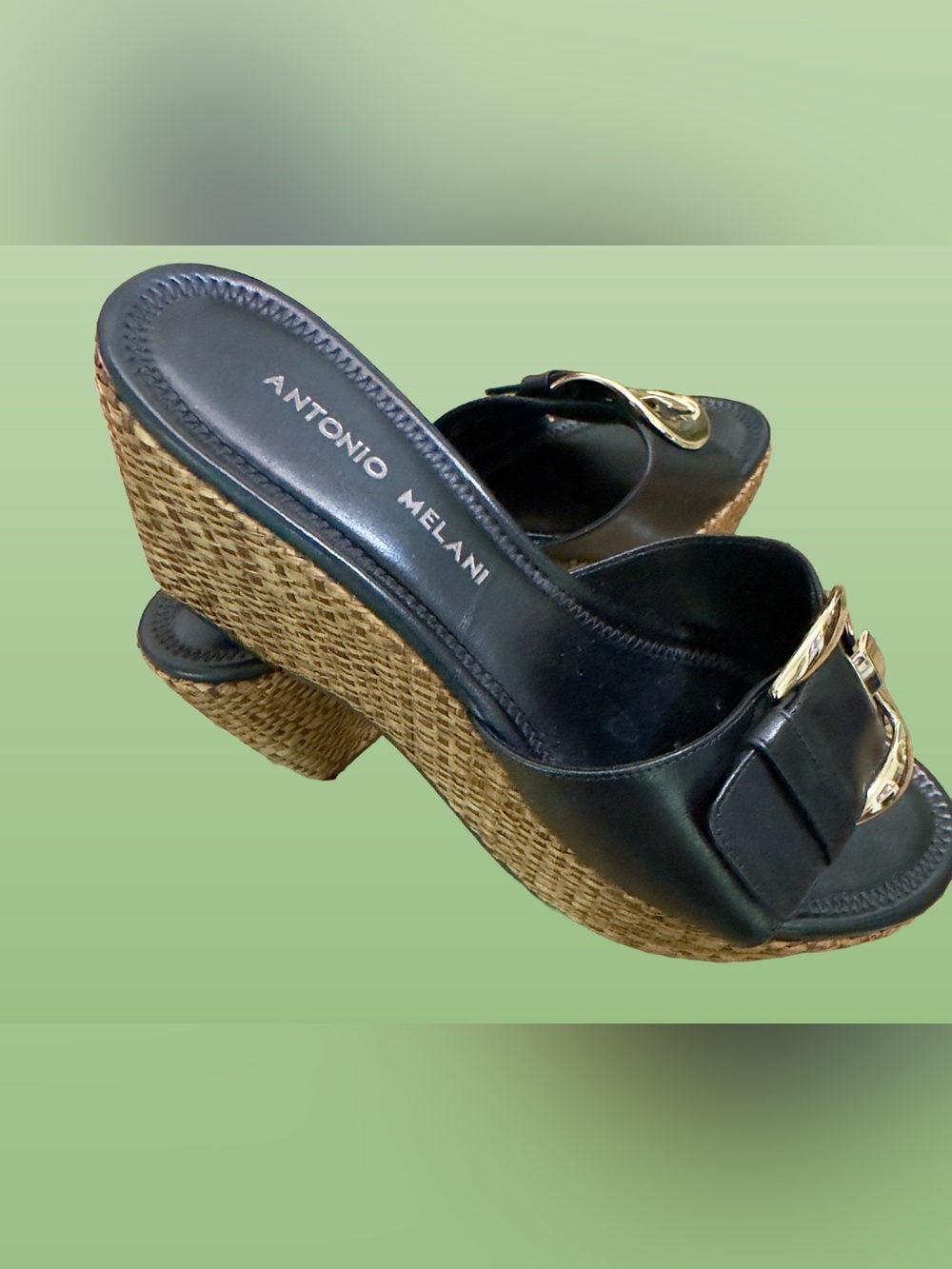 Antonio Melani Black Genuine Leather Espadrille Wedge Slide Sandals - Size 7M